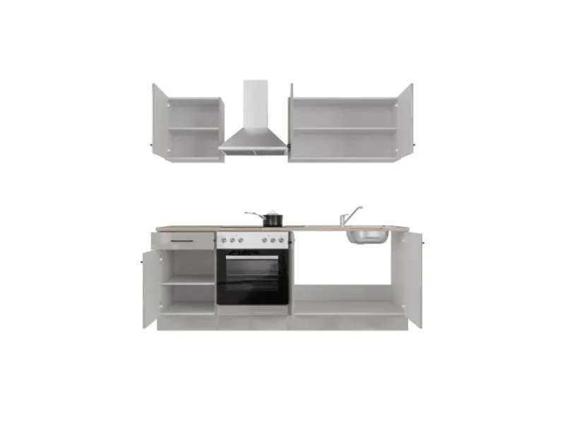 Flex-Well Exclusiv Küchenzeile 1601-036 Lund 210cm Lichtgrau glänzend -Rauchgrau< Einbauküchen|Winkelküchen