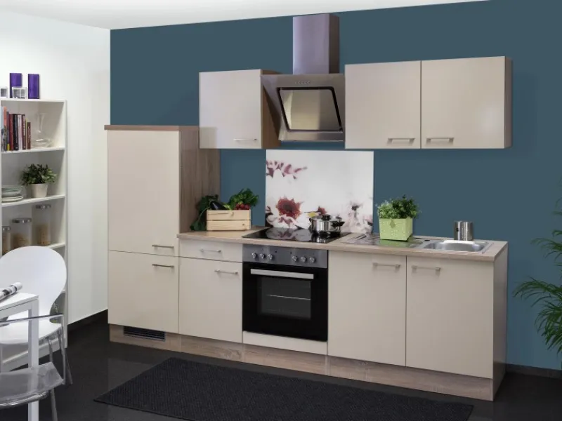 Flex-Well Exclusiv Küchenzeile Orlando 270 cm Kaschmir Glanz-Sonoma Eiche< Kochfelder|Kühlschränke