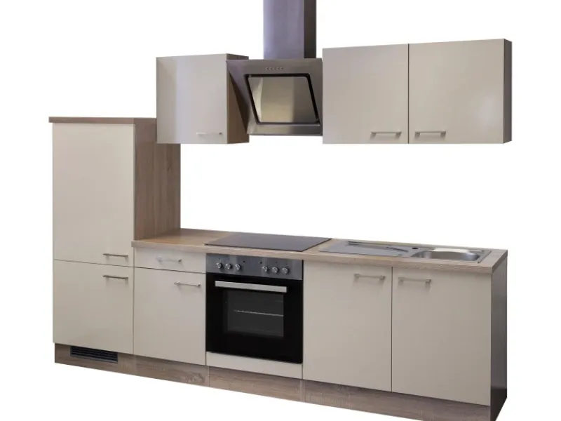 Flex-Well Exclusiv Küchenzeile Orlando 270 cm Kaschmir Glanz-Sonoma Eiche< Kochfelder|Kühlschränke