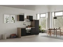 Best Flex-Well Exclusiv Küchenzeile Capri 220 cm Schwarz Matt-Endgrain Oak