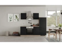 Best Flex-Well Exclusiv Küchenzeile Capri 220 cm Schwarz Matt-Endgrain Oak