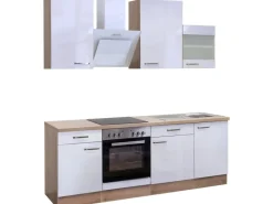 Flex-Well Exclusiv Kochfelder|Kühlschränke<Küchenzeile Valero 220 cm Hochglanz Weiß-Sonoma Eiche