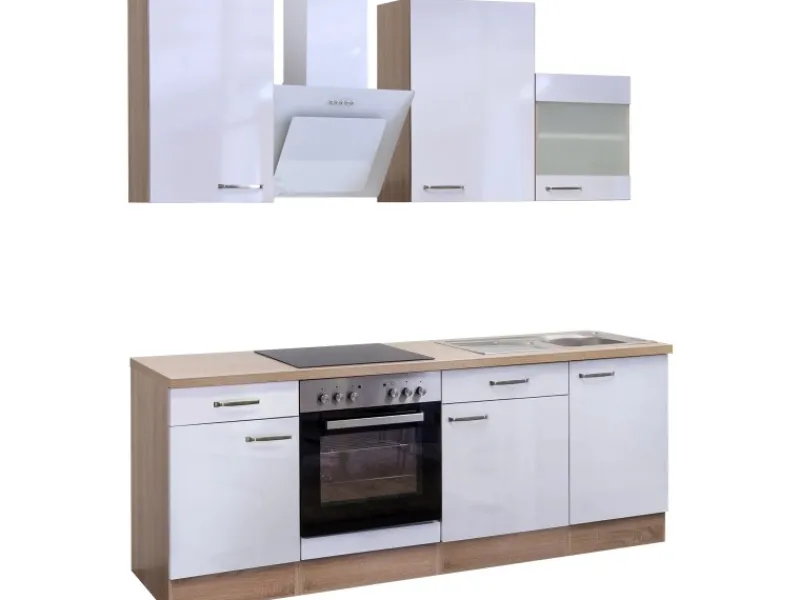 Flex-Well Exclusiv Kochfelder|Kühlschränke<Küchenzeile Valero 220 cm Hochglanz Weiß-Sonoma Eiche