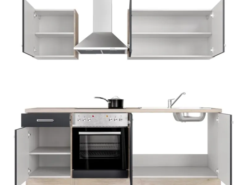 Flex-Well Exclusiv Pantryküchen|Herde<Küchenzeile Lara 210 cm Anthrazit - San Remo Eiche