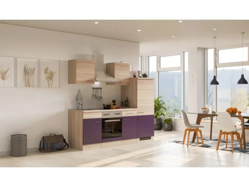 Flex-Well Exclusiv Küchenzeile Focus 220 cm Akazie - Aubergine< Herde|Kühlschränke