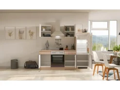 Flex-Well Exclusiv Küchenzeile Focus 220 cm Akazie - Aubergine< Herde|Kühlschränke