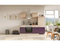 Flex-Well Exclusiv Küchenzeile Focus 220 cm Akazie - Aubergine< Herde|Kühlschränke