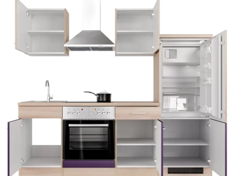 Flex-Well Exclusiv Küchenzeile Focus 220 cm Akazie - Aubergine< Herde|Kühlschränke