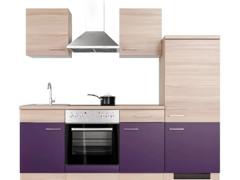 Flex-Well Exclusiv Küchenzeile Focus 220 cm Akazie - Aubergine< Herde|Kühlschränke
