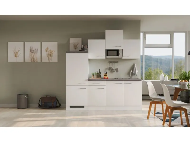 Flex-Well Exclusiv Küchenzeile Joelina 210 cm Weiß matt - Beton Grau< Single-Küchen|Kühlschränke