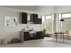 Flex-Well Exclusiv Einbauküchen|Küchenschränke<Küchenzeile Capri 220 cm Schwarz Matt-Endgrain Oak