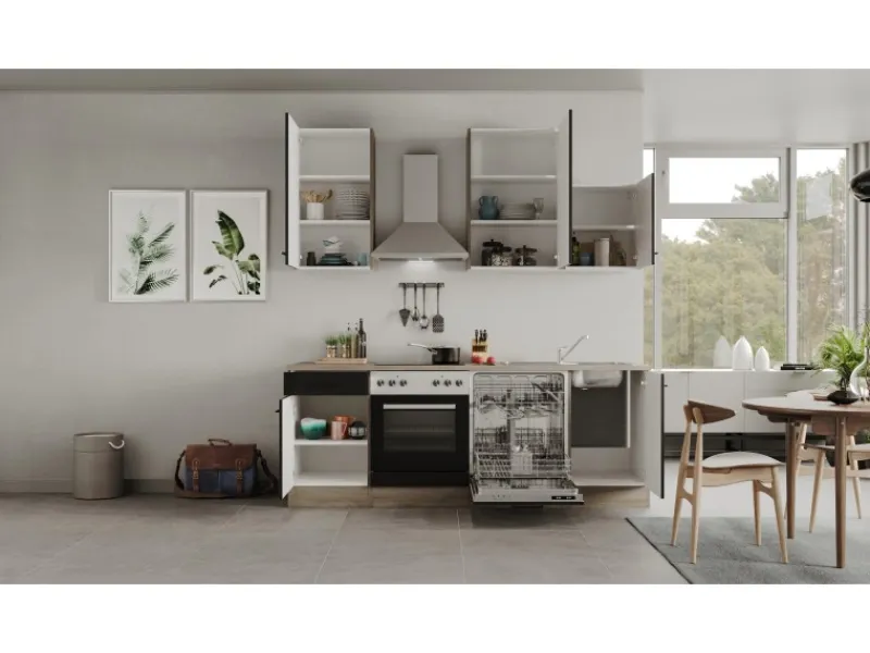 Flex-Well Exclusiv Einbauküchen|Küchenschränke<Küchenzeile Capri 220 cm Schwarz Matt-Endgrain Oak