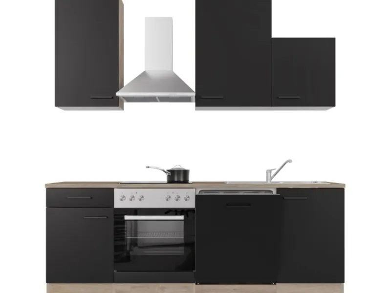 Flex-Well Exclusiv Einbauküchen|Küchenschränke<Küchenzeile Capri 220 cm Schwarz Matt-Endgrain Oak