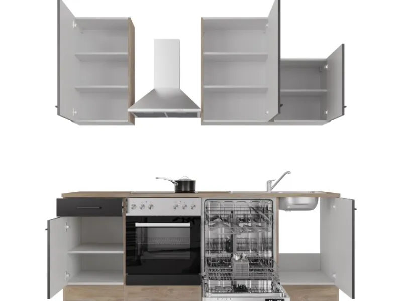 Flex-Well Exclusiv Einbauküchen|Küchenschränke<Küchenzeile Capri 220 cm Schwarz Matt-Endgrain Oak