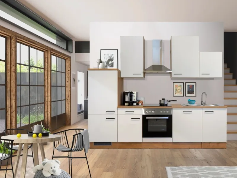 Flex-Well Exclusiv Küchenzeile Vintea 280 cm Magnolia-Lancelot Oak< Kühlschränke