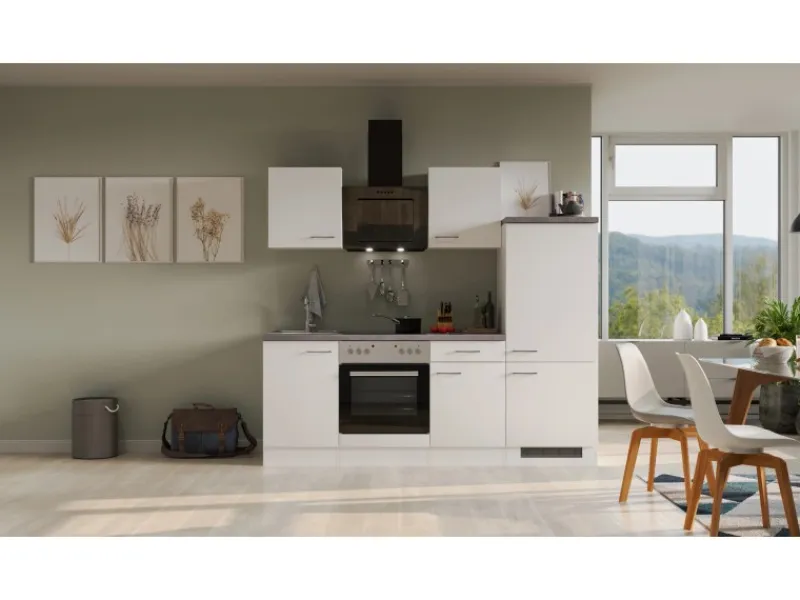 Flex-Well Exclusiv Single-Küchen|Herde<Küchenzeile Joelina 220 cm Weiß matt - Beton Grau