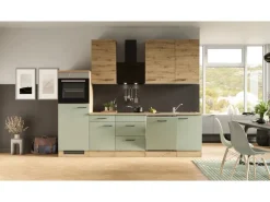 Flex-Well Exclusiv Küchenzeile Cara 280 cm Schilfgrün matt - Artisan Eiche< Kühlschränke|Kochfelder