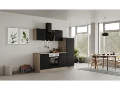 Outlet Flex-Well Exclusiv Küchenzeile Capri 220 cm Schwarz Matt-Endgrain Oak
