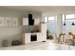 Outlet Flex-Well Exclusiv Küchenzeile Valero 220 cm Hochglanz Weiß - Sonoma Eiche