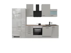 Flex-Well Exclusiv Küchenzeile Lund 310 cm Lichtgrau glänzend-Rauchgrau< Kühlschränke