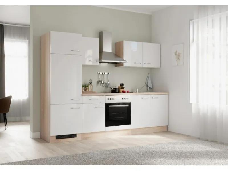 Flex-Well Exclusiv Küchenzeile Valero 270 cm Hochglanz Weiß - Sonoma Eiche< Einbauküchen|Kühlschränke