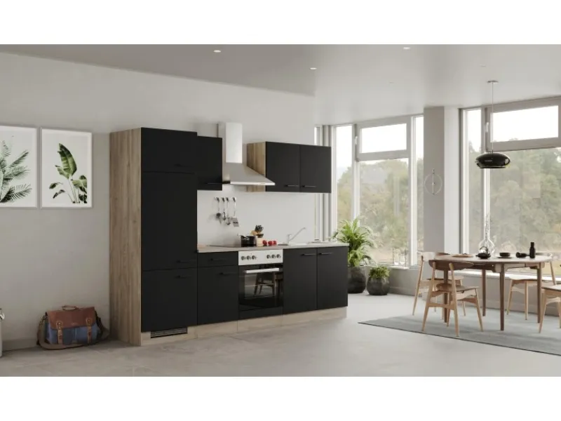 Online Flex-Well Exclusiv Küchenzeile Capri 270 cm Schwarz Matt-Endgrain Oak