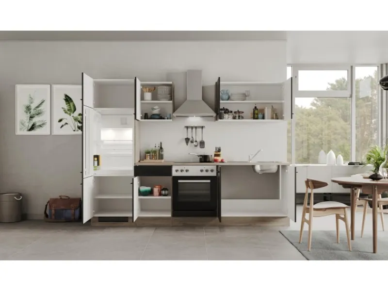 Online Flex-Well Exclusiv Küchenzeile Capri 270 cm Schwarz Matt-Endgrain Oak