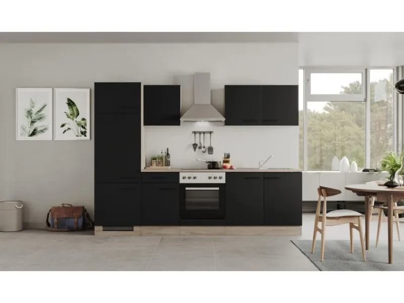 Online Flex-Well Exclusiv Küchenzeile Capri 270 cm Schwarz Matt-Endgrain Oak
