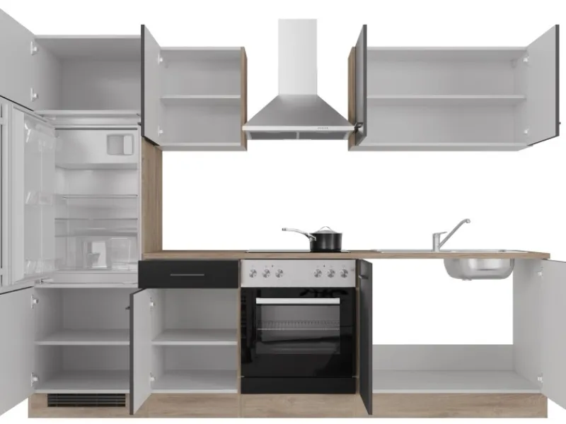 Online Flex-Well Exclusiv Küchenzeile Capri 270 cm Schwarz Matt-Endgrain Oak