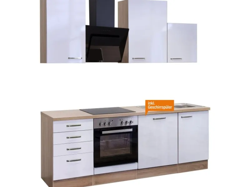 Flex-Well Exclusiv Kochfelder|Herde<Küchenzeile Valero 220 cm Hochglanz Weiß-Sonoma Eiche