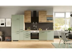 Flex-Well Exclusiv Küchenzeile Cara 310 cm Schilfgrün matt - Artisan Eiche< Einbauküchen|Kühlschränke