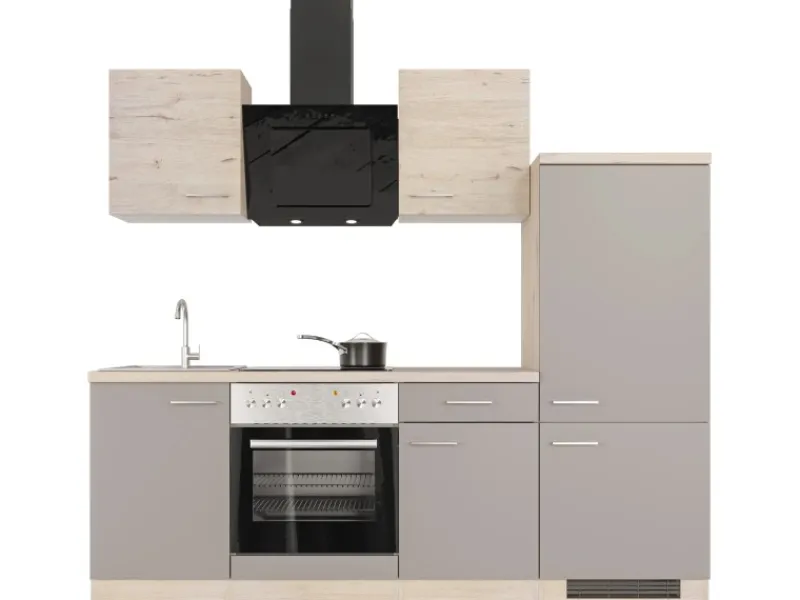 Flex-Well Exclusiv Küchenzeile Arizona 220 cm Quarz Cubanit - San Remo Eiche< Herde|Kühlschränke