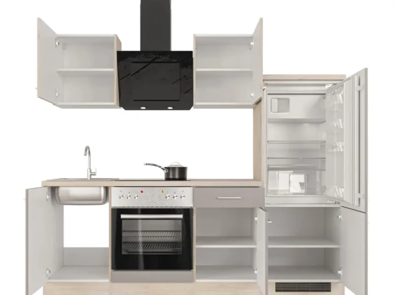 Flex-Well Exclusiv Küchenzeile Arizona 220 cm Quarz Cubanit - San Remo Eiche< Herde|Kühlschränke