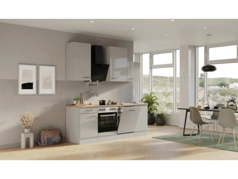Flex-Well Exclusiv Einbauküchen<Küchenzeile 1701-017 Lund 220 cm Lichtgrau glänzend-Rauchgrau