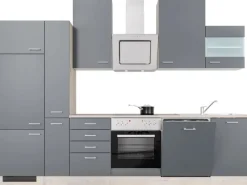 Flex-Well Exclusiv Kochfelder|Kühlschränke<Küchenzeile Morena 310 cm Basaltgrau matt - San Remo Eiche