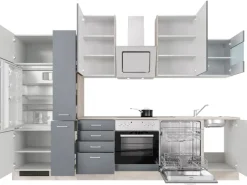 Flex-Well Exclusiv Kochfelder|Kühlschränke<Küchenzeile Morena 310 cm Basaltgrau matt - San Remo Eiche