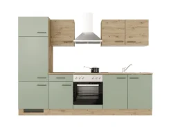 Flex-Well Exclusiv Küchenzeile Cara 270 cm Schilfgrün matt - Artisan Eiche< Kühlschränke|Einbauküchen