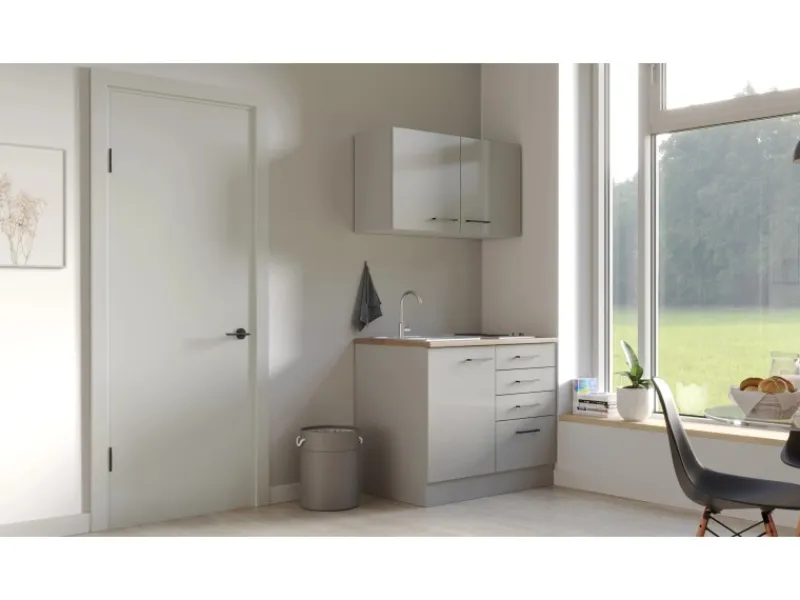 Best Flex-Well Exclusiv Miniküche Lund 100 cm Lichtgrau glänzend-Rauchgrau