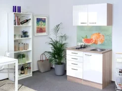 Flex-Well Exclusiv Miniküche Valero 100 cm Hochglanz Weiß-Sonoma Eiche