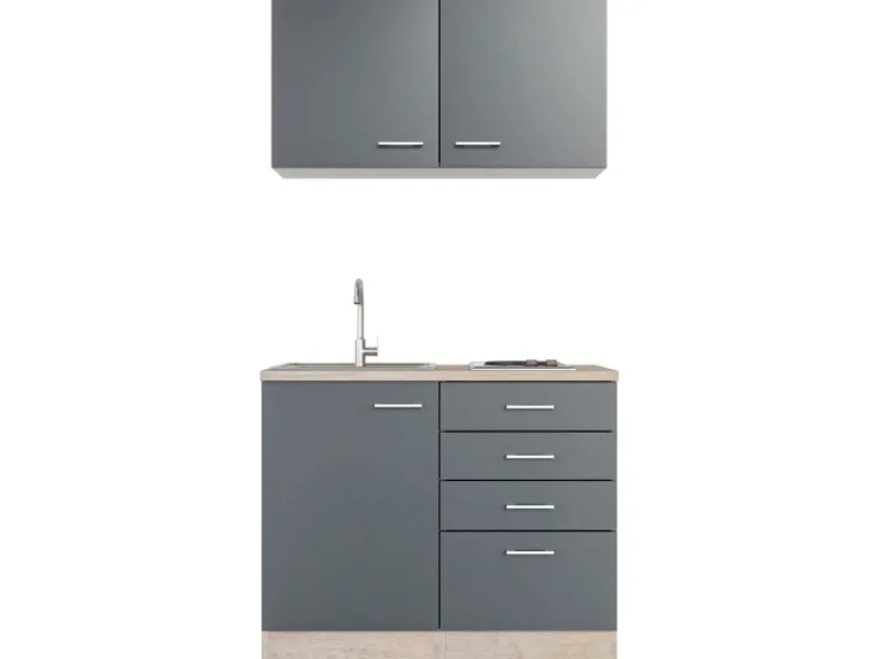 Flex-Well Exclusiv Miniküche Morena 100 cm Basaltgrau matt - San Remo Eiche