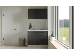 Online Flex-Well Exclusiv Miniküche Capri 100 cm Schwarz Matt-Endgrain Oak