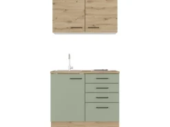 Flex-Well Exclusiv Miniküche Cara 100 cm Schilfgrün matt - Artisan Eiche< Single-Küchen|Pantryküchen