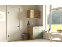Flex-Well Exclusiv Miniküche Cara 100 cm Schilfgrün matt - Artisan Eiche< Single-Küchen|Pantryküchen