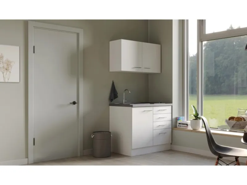 Flex-Well Exclusiv Miniküche Joelina 100 cm Weiß matt - Beton Grau< Miniküchen|Kochfelder