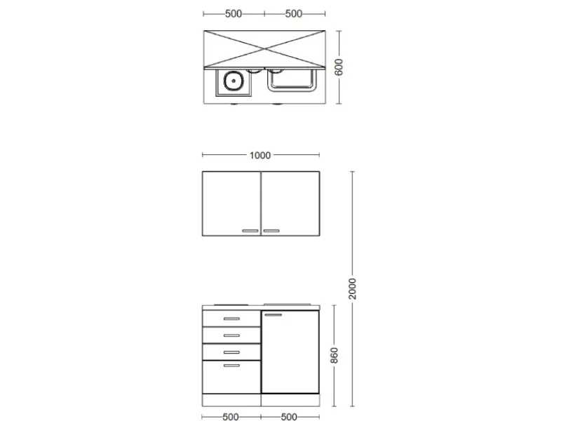 Flex-Well Exclusiv Miniküche Joelina 100 cm Weiß matt - Beton Grau< Miniküchen|Kochfelder