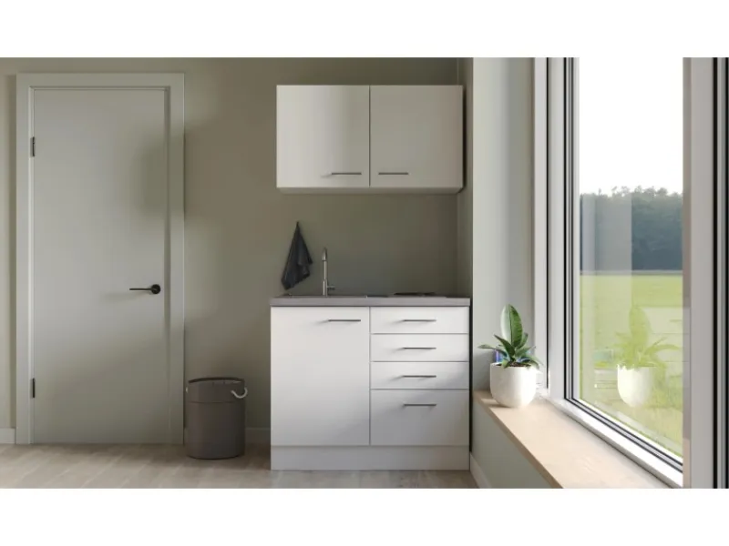 Flex-Well Exclusiv Miniküche Joelina 100 cm Weiß matt - Beton Grau< Miniküchen|Kochfelder