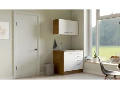Flex-Well Exclusiv Miniküche Vintea 100 cm Magnolia matt - Lancelot Oak< Miniküchen|Kochfelder