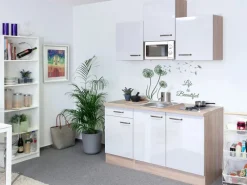 Clearance Flex-Well Exclusiv Singleküche Valero 150 cm breit Hochglanz Weiß-Sonoma Eiche