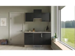 Sale Flex-Well Exclusiv Singleküche Capri 150 cm Schwarz Matt-Endgrain Oak