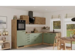 Flex-Well Exclusiv Winkelküchen|Kühlschränke<Winkelküche Cara 280 x 170 cm Schilfgrün matt - Artisan Eiche